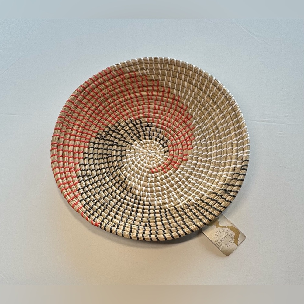 Handwoven Basket/Wall Decor with Red-orange, Black and White Accents